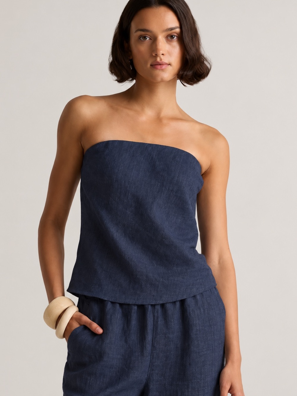 Quince Linen Strapless Top In Navy Blue